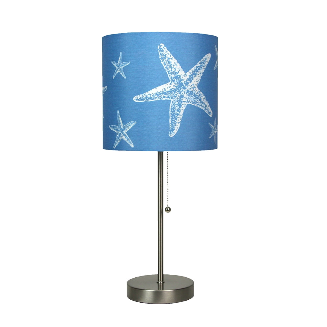 Brushed Nickel Coastal Table Lamp with Blue Starfish Print Shade
