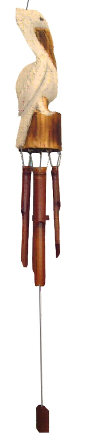 Chesapeake Bay White Hand Carved Wood Coastal Perched Pelican Wind Chime for Garden Yard Patio