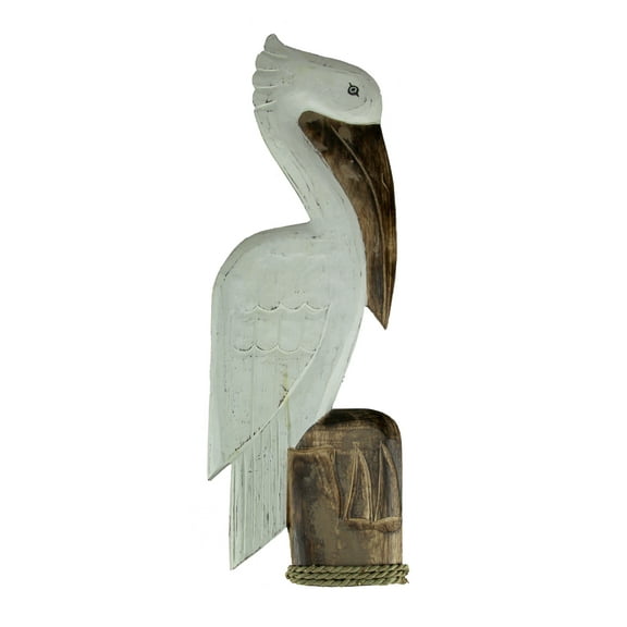 Chesapeake Bay White Wood Coastal Pelican Perched On Nautical Piling Wall Sculpture