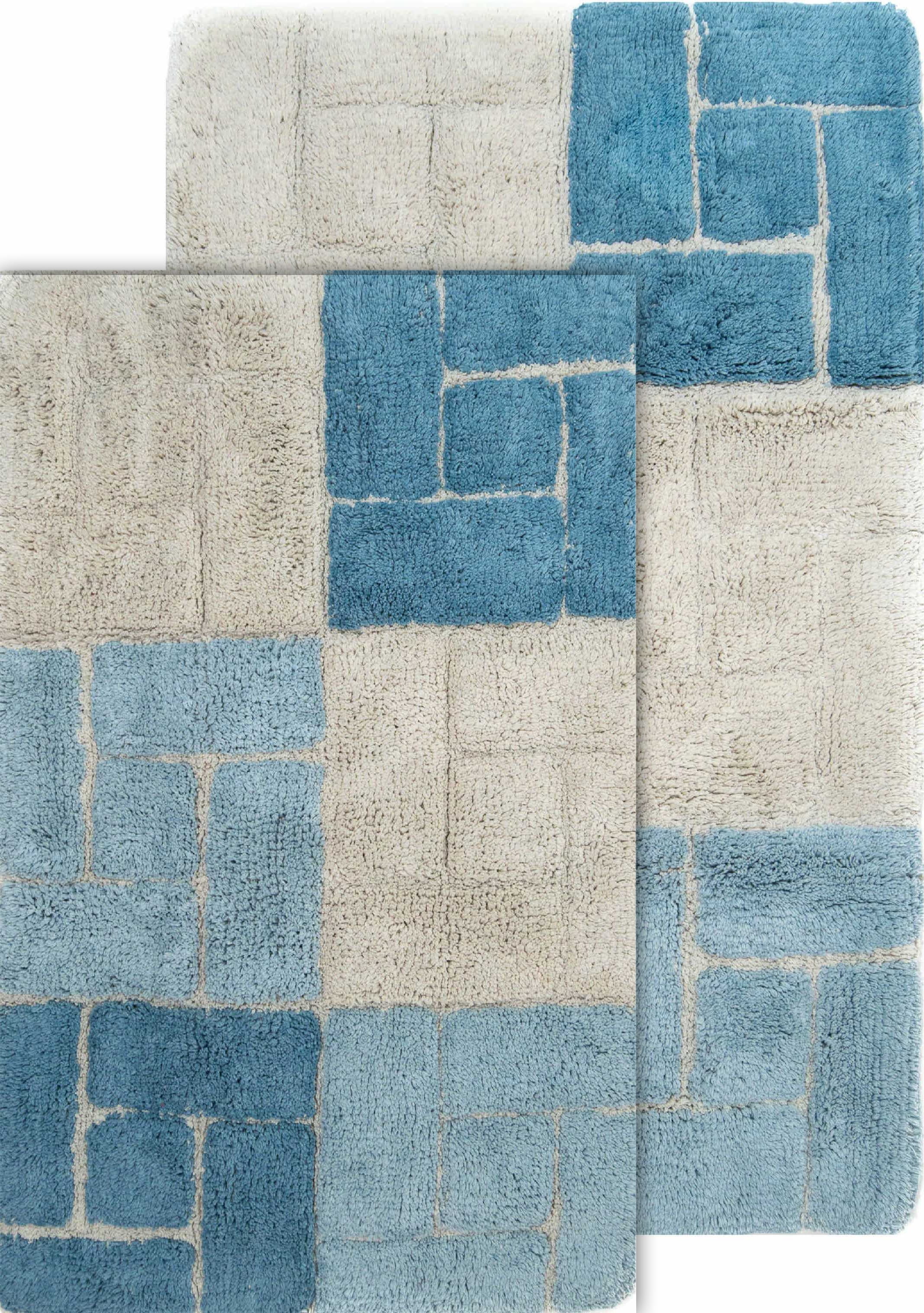 Aquamarine and Beige Cotton Bath Rug Set with Brick Design