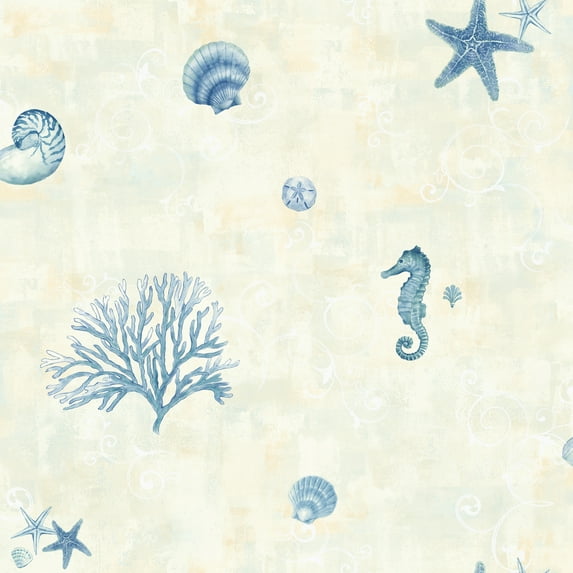 Chesapeake Boca Raton Blue Seashells Prepasted Easy Walls Wallpaper, 20.5-in by 33-ft, 56.4 sq. ft.
