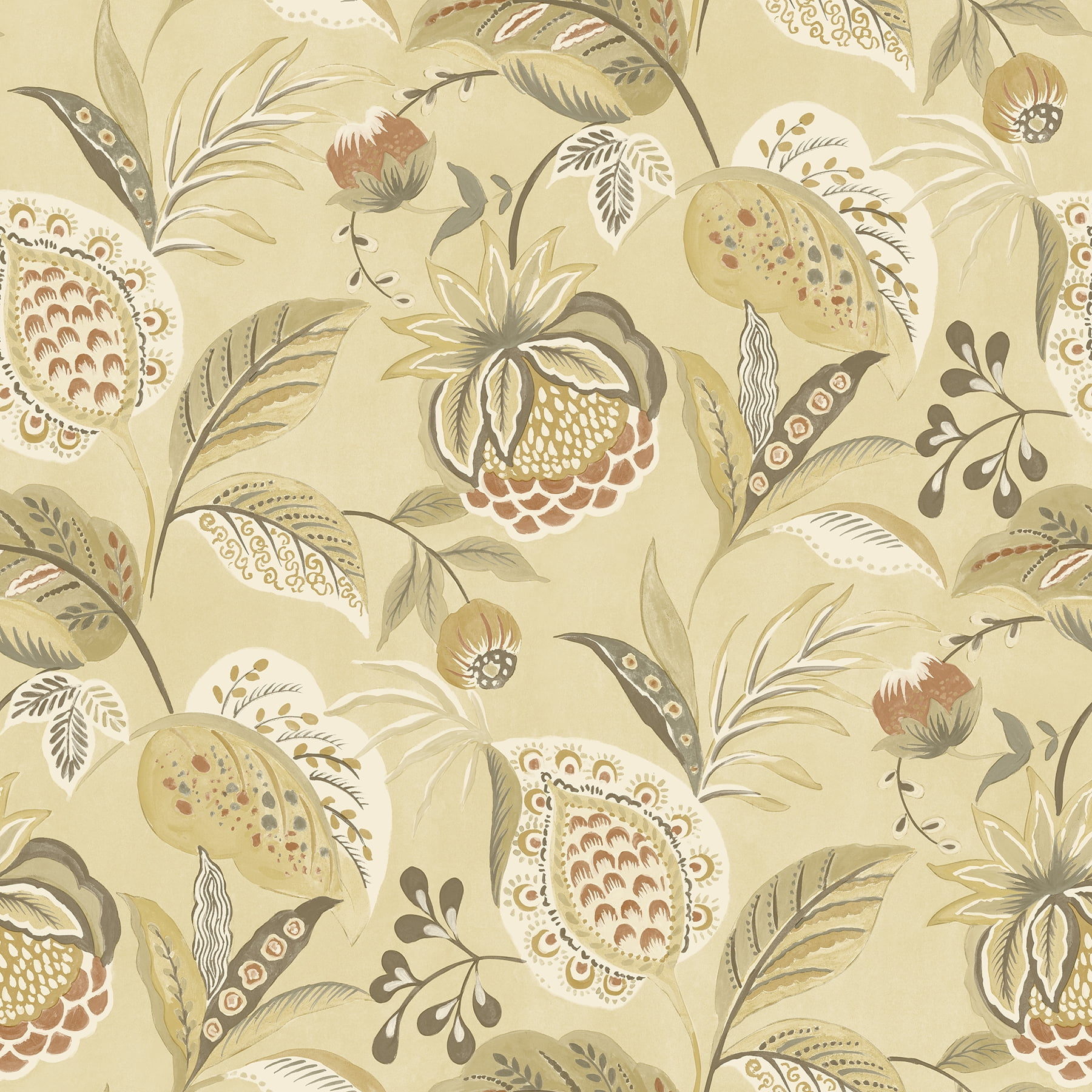 Bohemian Jacobean Mustard and Light Brown Pre-pasted Wallpaper
