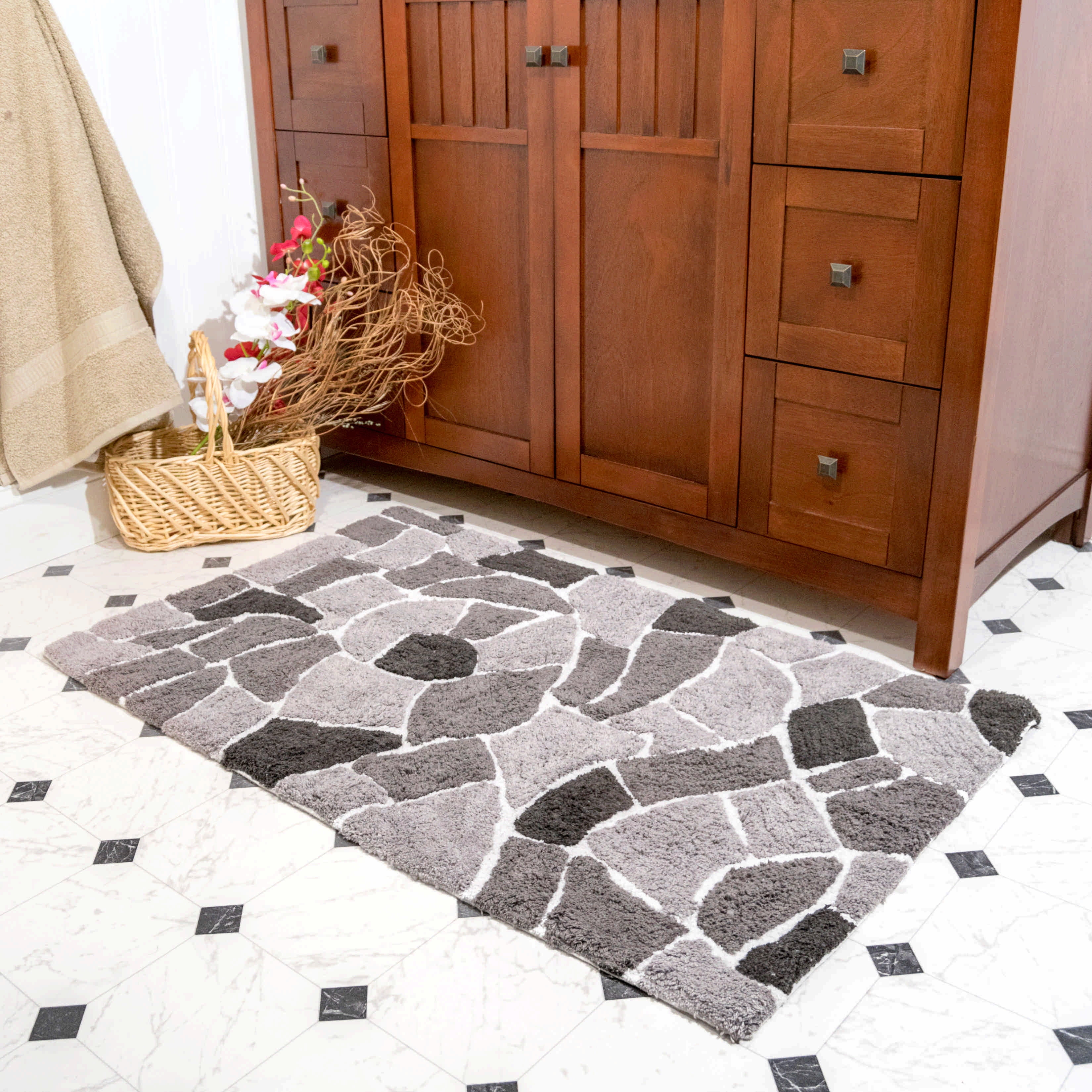 Modern Grey Cotton Tufted Rectangular Bath Rug Set