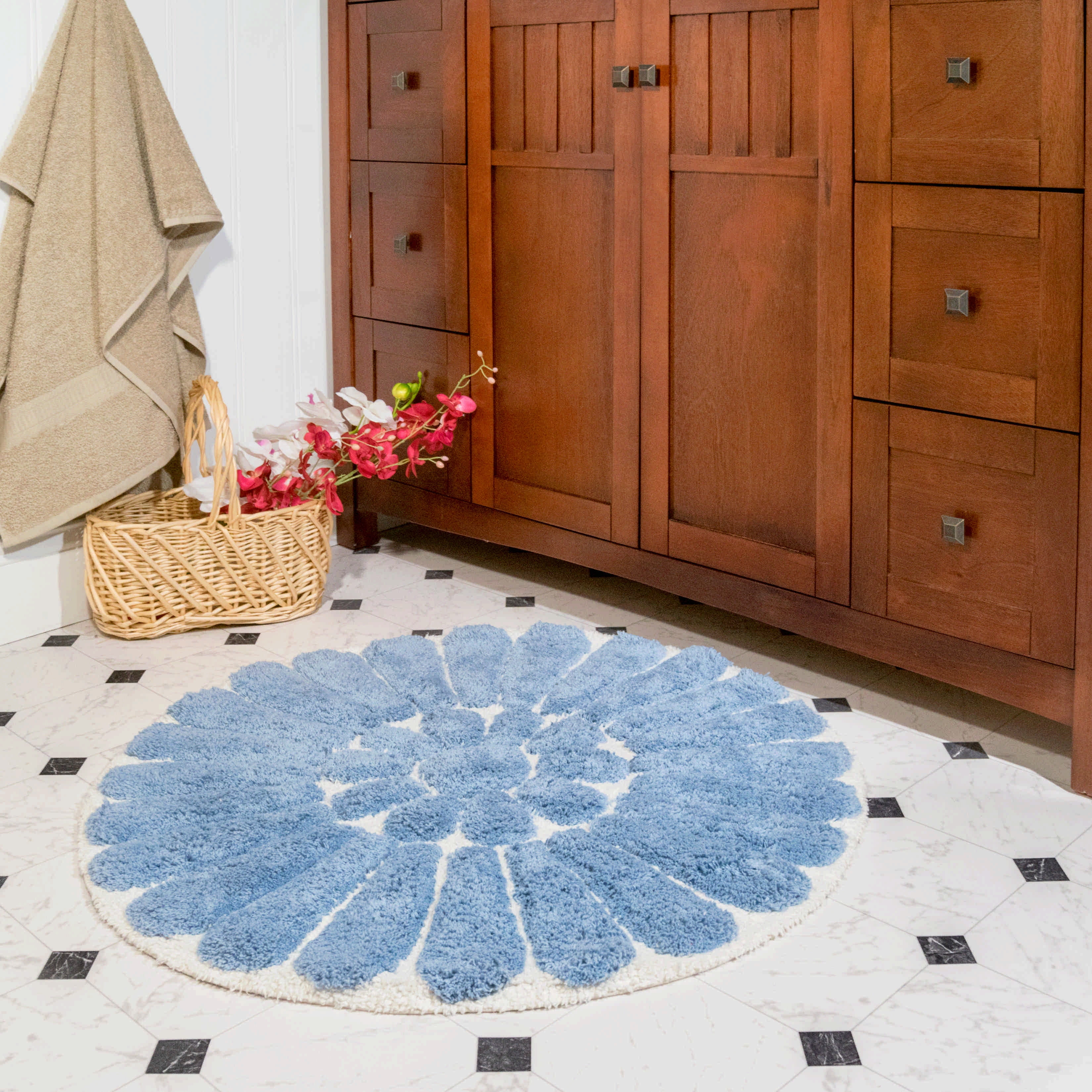 Blue Floral Plush Bath Mat 50x80cm, Half Moon Shaped Bath Rugs, Washable  Bathroom Mat,half Circled Floral Rug,semi Circled Bathroom Bathmat 