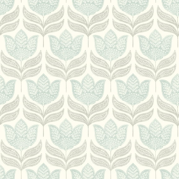 Chesapeake Cathal Aqua Tulip Block Print Wallpaper, 20.5-in by 33-ft