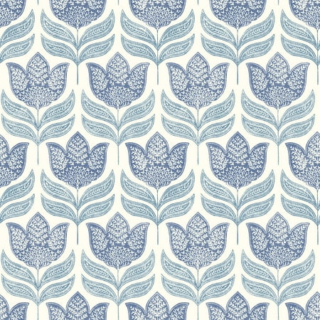 Chesapeake Cathal Blue Tulip Block Print Wallpaper, 20.5-in by 33-ft