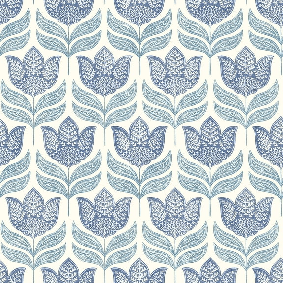Chesapeake Cathal Blue Tulip Block Print Wallpaper, 20.5-in by 33-ft