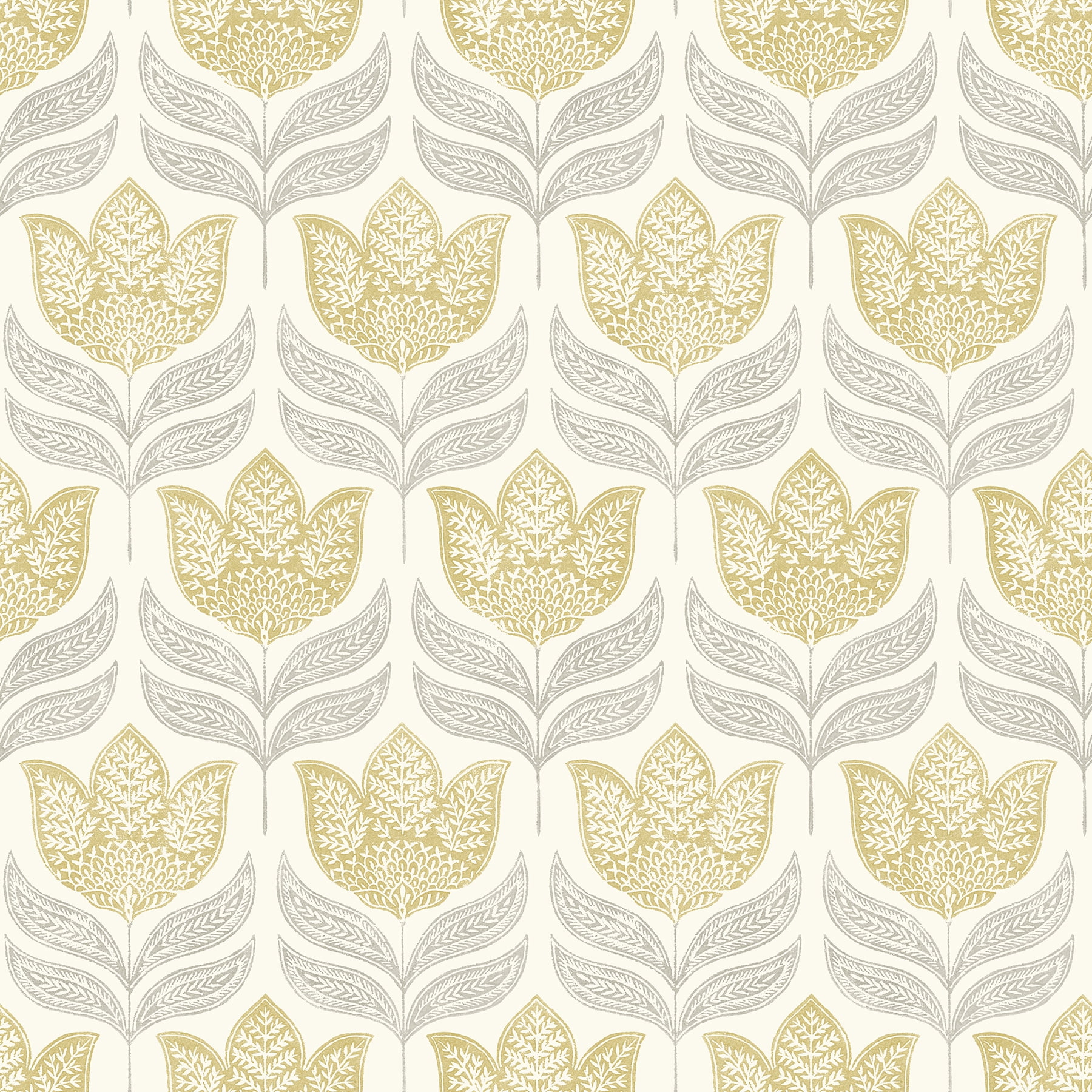 Mustard and Grey Tulip Block Print Wallpaper, 20.5-in by 33-ft
