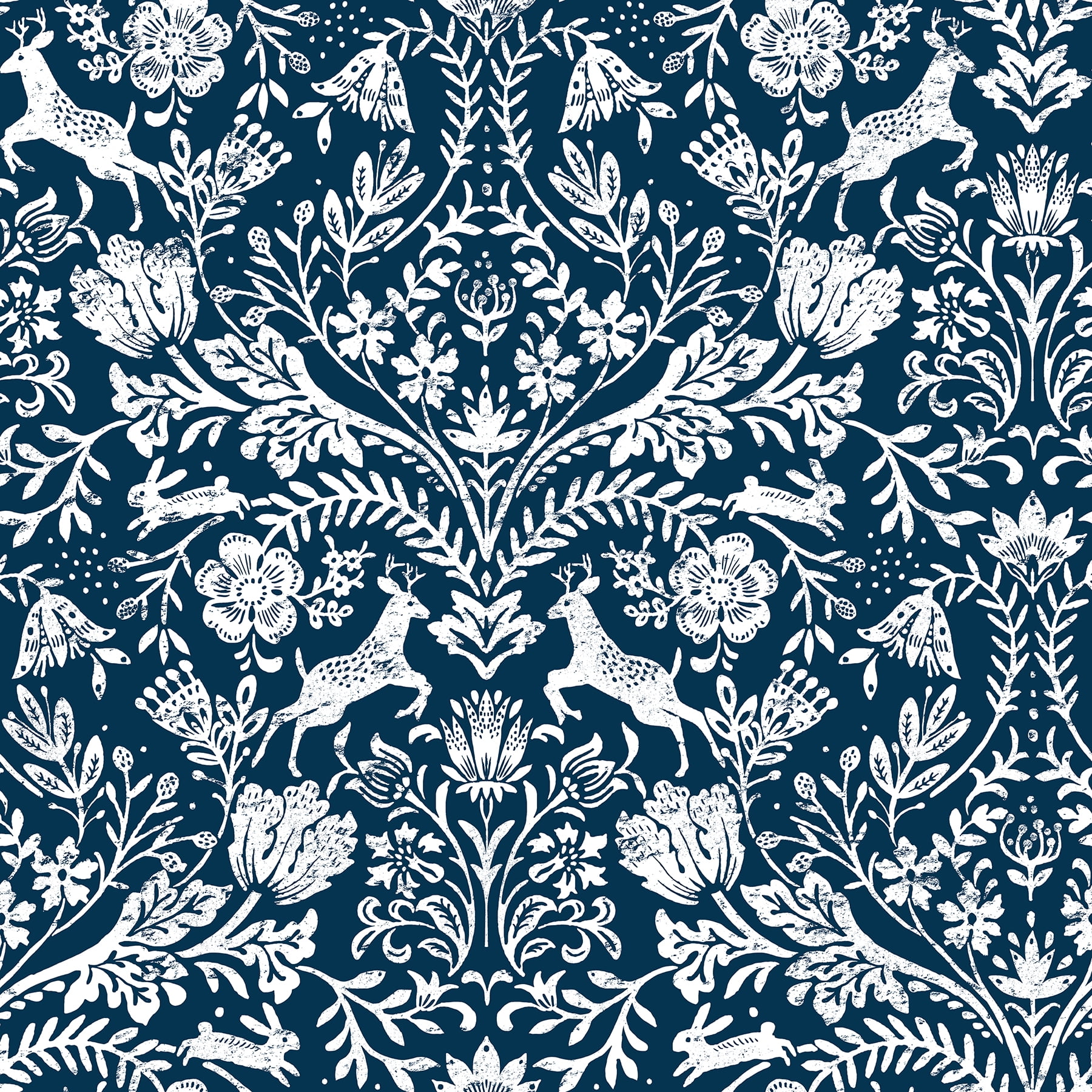 Navy Blue Damask Wallpaper with White Woodland Critters