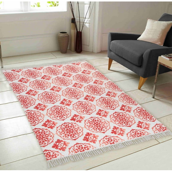 Chesapeake Fuga Chindi Ornamental Pattern-Coral Area Rug with Fringes (5'x7')