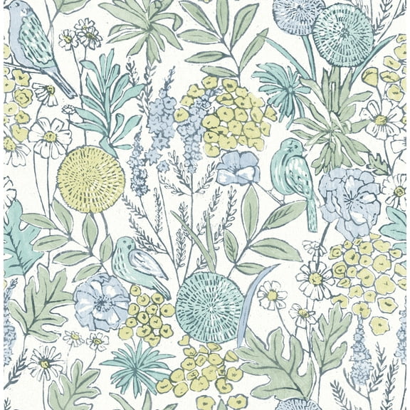Chesapeake Goldfinch Aqua Birds and Blooms Wallpaper