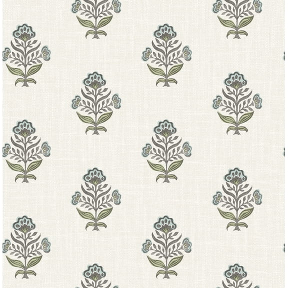 Chesapeake Hollyhock Aqua Floral Crest Wallpaper