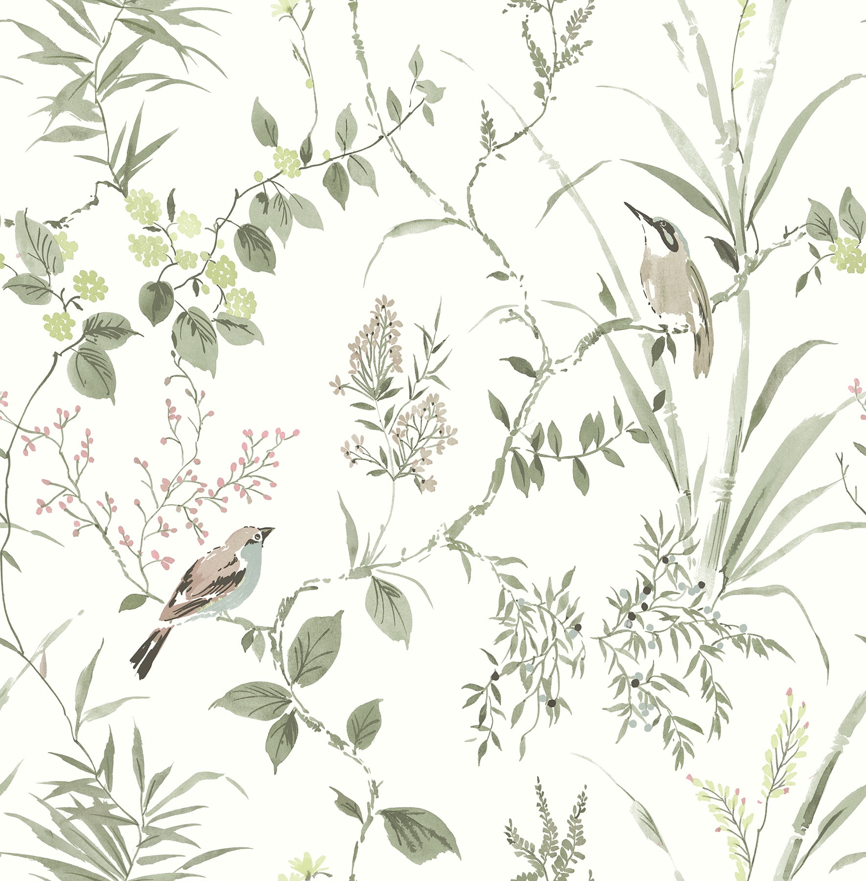 Chesapeake Green and Pink Floral Botanical Wallpaper
