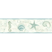 Chesapeake Island Teal Teal Seashells Border Prepasted Non Woven Blend Wallpaper, 6-in by 15-ft, 7.5 sq. ft.