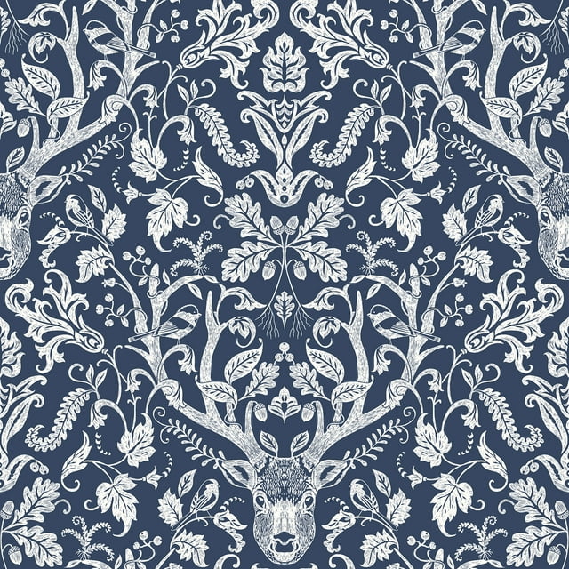 Chesapeake Kiwassa Navy Antler Damask Prepasted Easy Walls Wallpaper