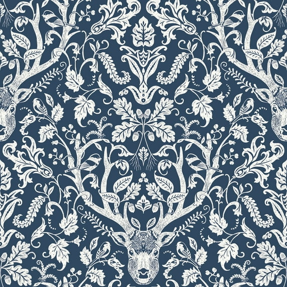 Chesapeake Kiwassa Navy Antler Damask Wallpaper