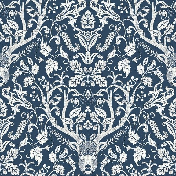 Chesapeake Kiwassa Navy Antler Damask Wallpaper