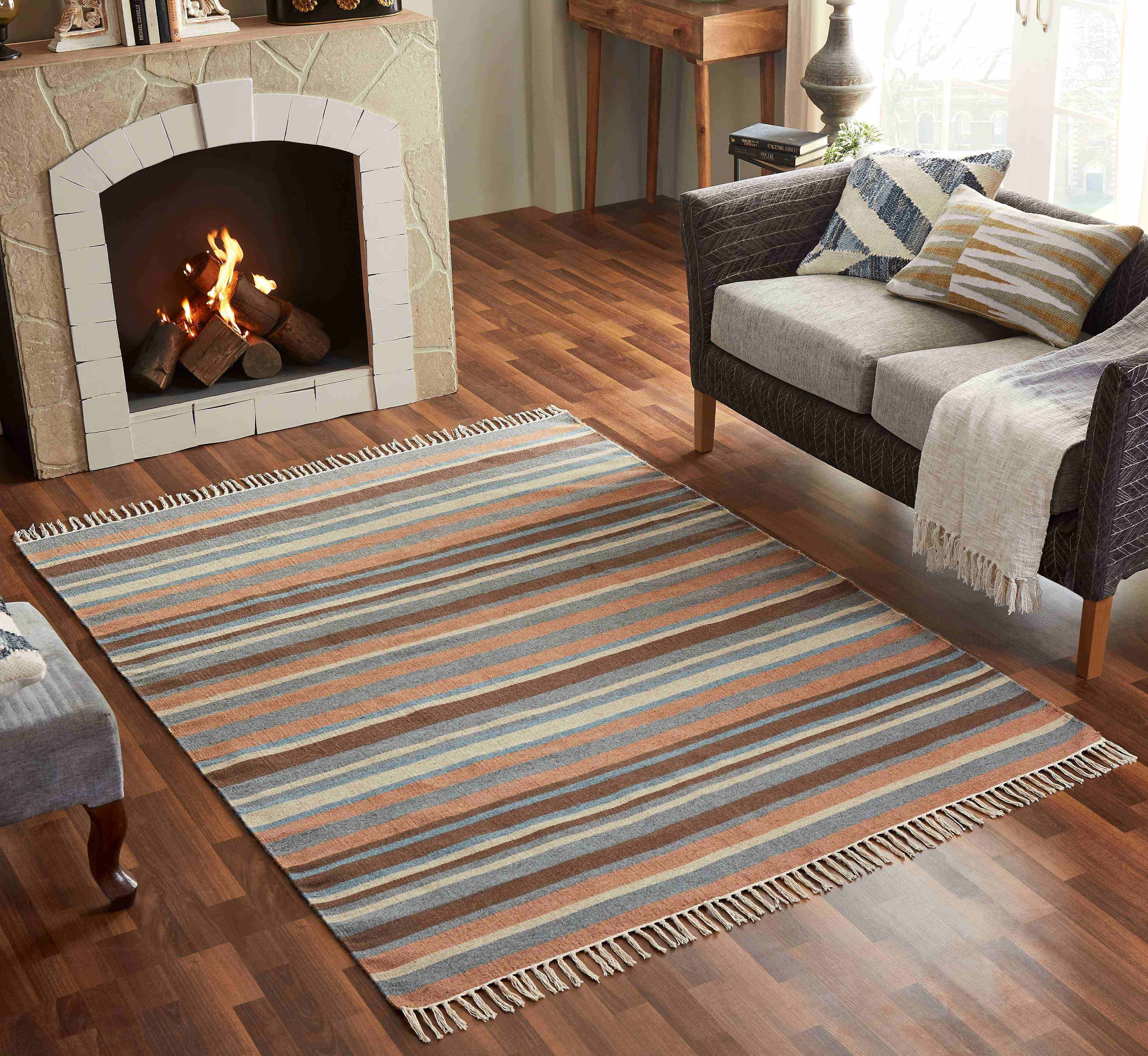 Earth Tone Striped Wool 5' x 7' Hand-Woven Area Rug