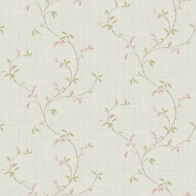 Delicate Floral Trail Pink/Green on White Matte Finish Non-Woven