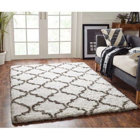Chesapeake Microfiber Polyester Shag Ivory Base with Grey Design Deco Area Rug (5'x7')
