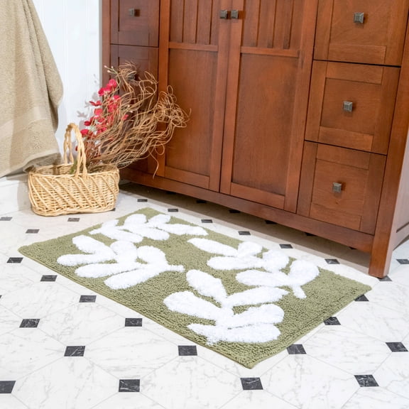 Chesapeake Monte Carlo Leaf Sage/White Cotton Bath Rug Set, 21" x 34", Skid-Resistant (2 Count)