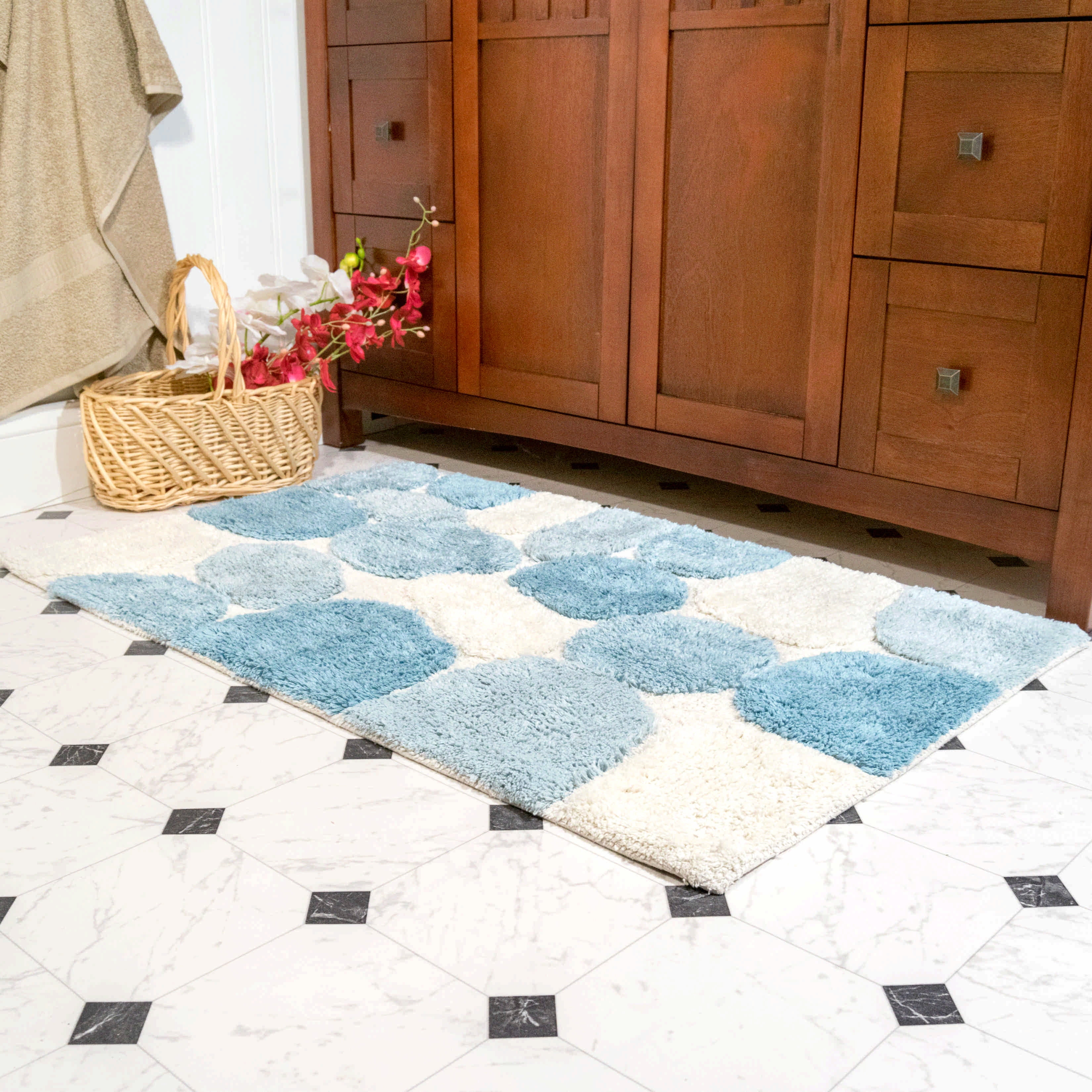 Aquamarine and Gray Cotton Tufted Pebble Pattern Bath Rug Set