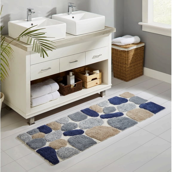 Chesapeake Pebble Pattern Plush Blue Sienna Cotton Bath Rug, 24" x 60", Anti-Skid Backing