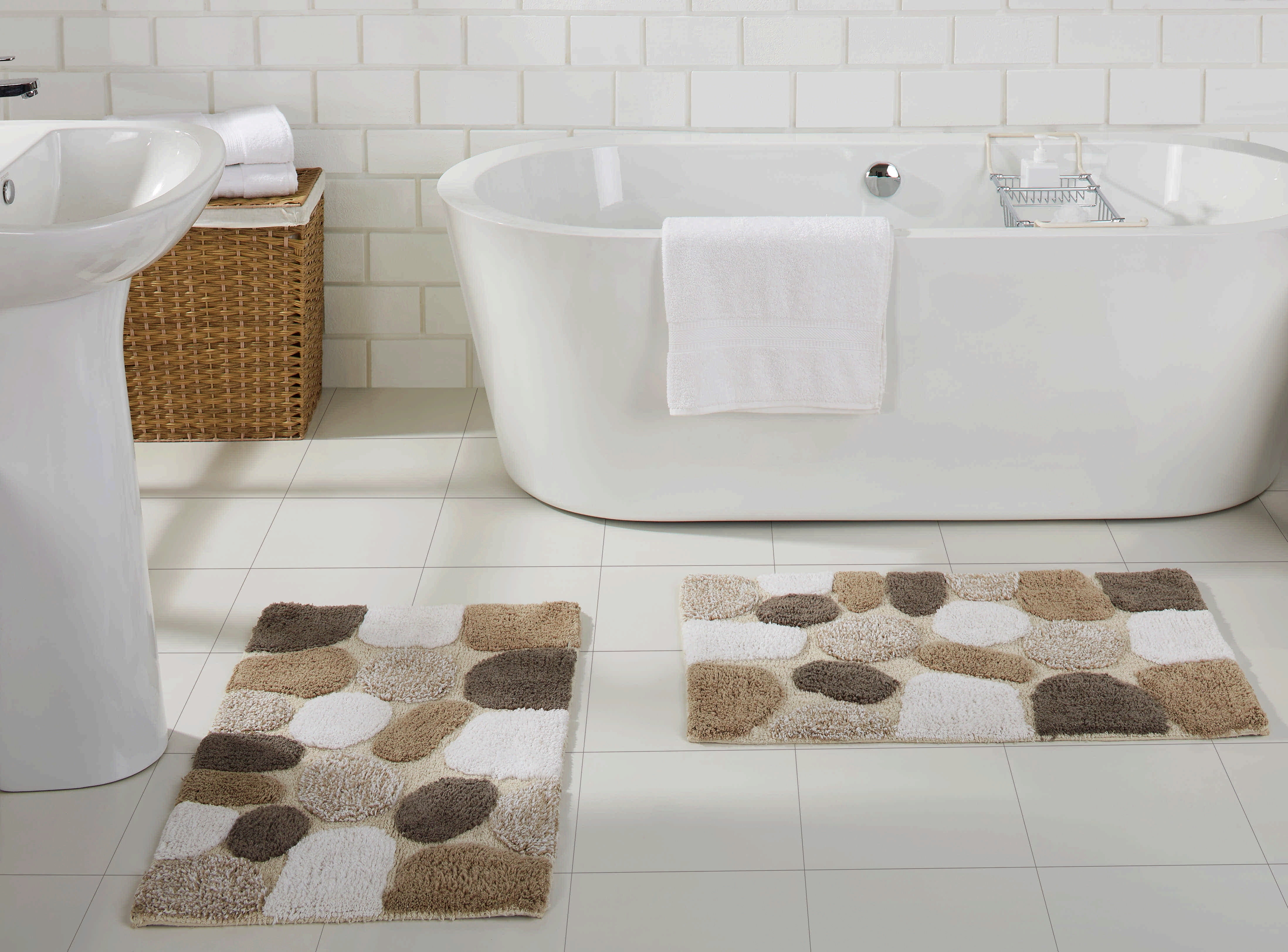 Pebble Pattern Beige and Brown Cotton Bath Rug Set