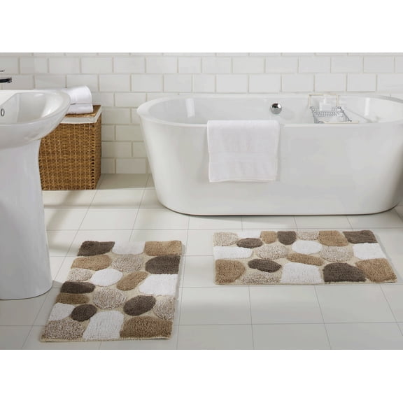 Chesapeake Pebble Pattern White and Navy Nylon Bath Rugs, 20"x32", Relaxing Design (2 Count)