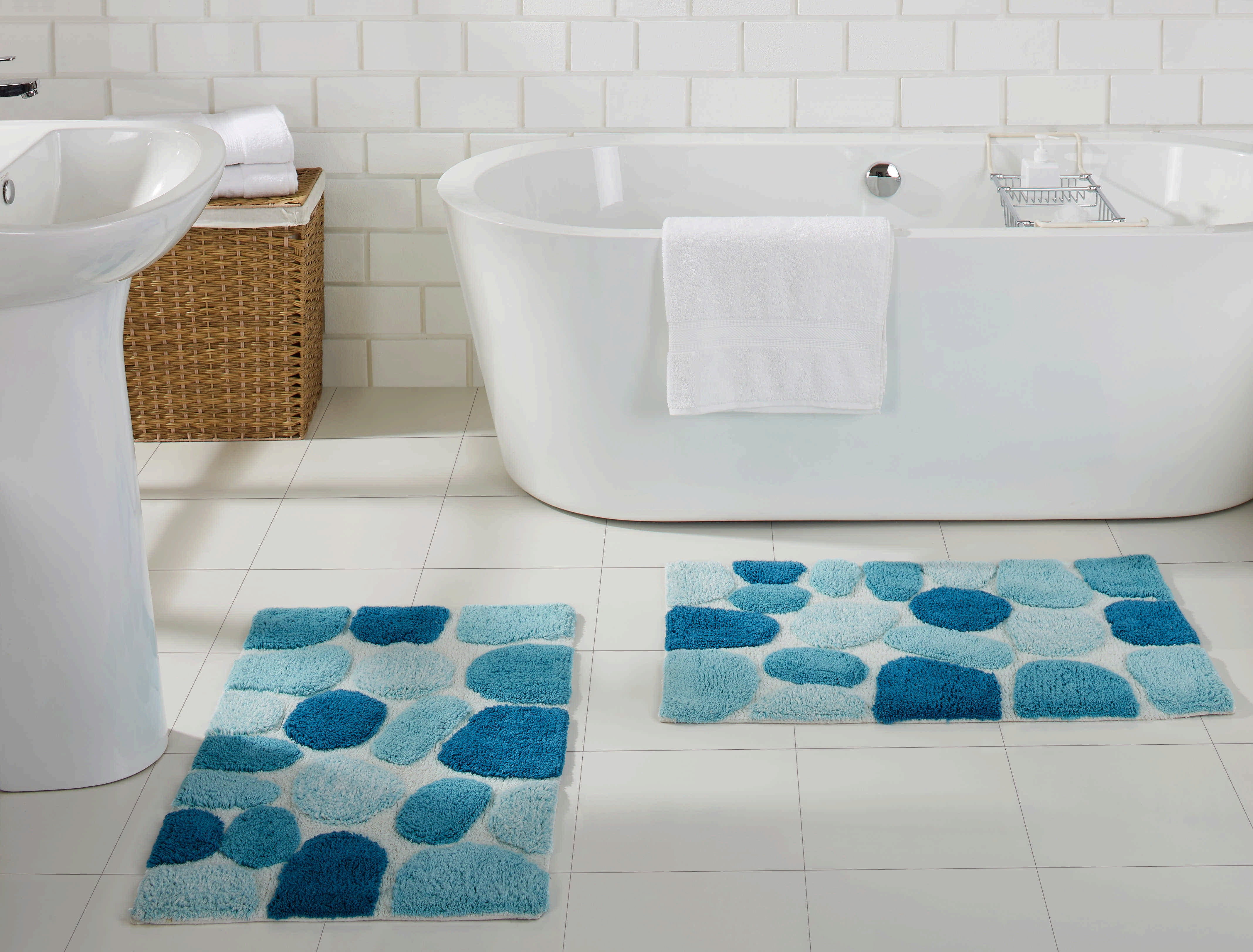 Arctic Blue Cotton Pebble Pattern Bath Rug Set