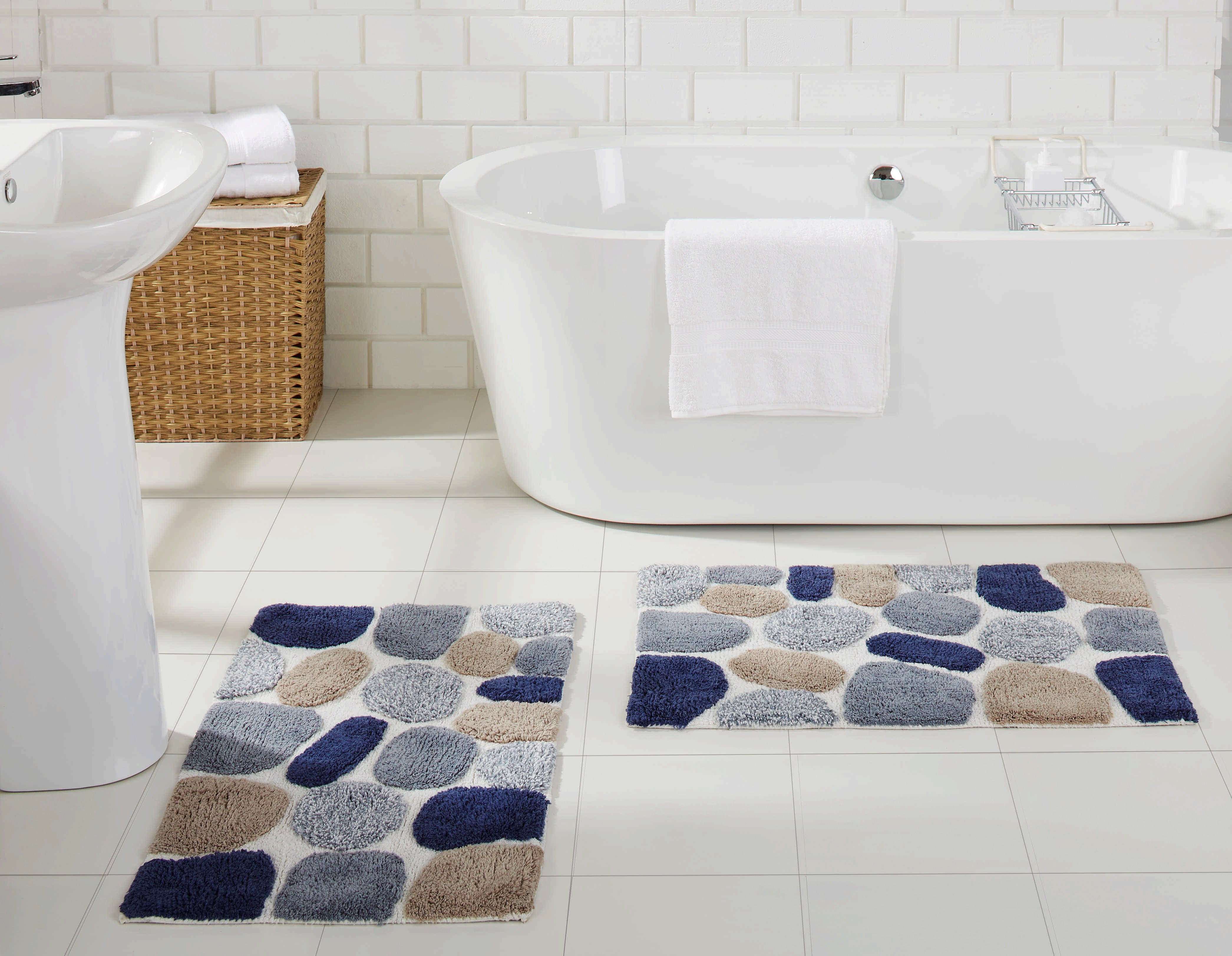 Pebble Pattern Blue and Gray Cotton Bath Rug Set