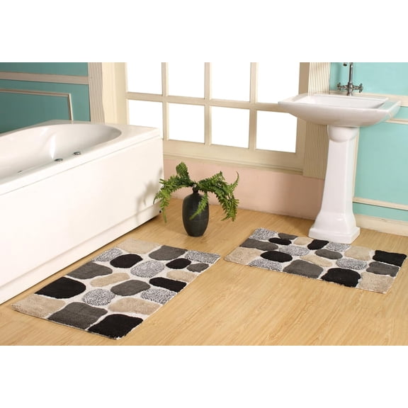 Chesapeake Pebbles 2Pc CHARCOAL BLACK Bath Rug Set (21"x34" & 24"x40")