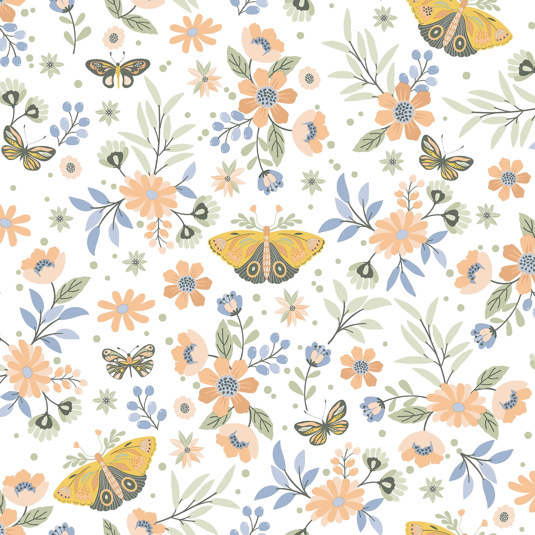 Green Forest Non-Woven Wallpaper with Floral and Butterfly Design