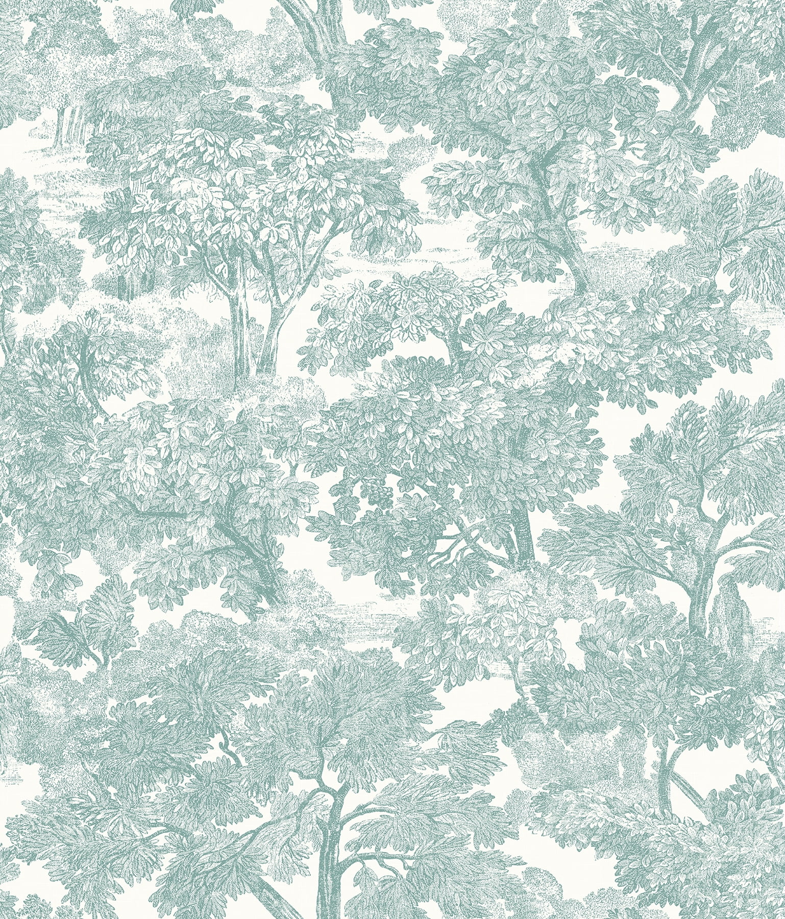 Teal and White Hand Drawn Toile Wallpaper Roll
