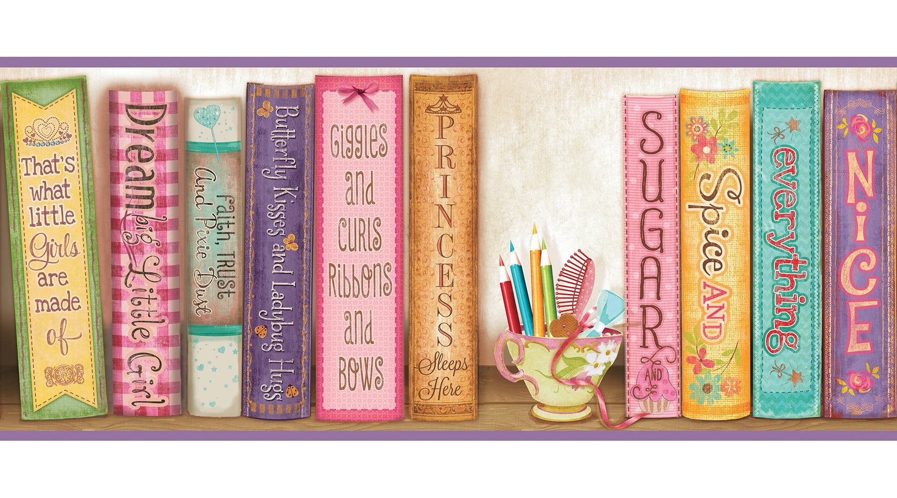 Chesapeake Vivi Purple Sugar and Spice Bookshelf Border Prepasted Easy Walls Wallpaper, 6-in by 15-ft, 7.5 sq. ft.