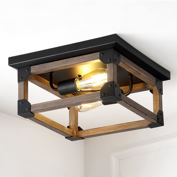 JONATHAN Y Cheshire 13" 2-Light Iron Rustic Farmhouse LED Flush Mount, Brown/Black, JYL7480A