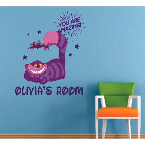 Cheshire Cat Alice Amazing Cartoon Customized Wall Decal - Custom Vinyl Wall Art - Personalized Name - Baby Girls Boys Kids Bedroom Wall Decal Room Decor Wall Stickers Decoration Size (20x18 inch)