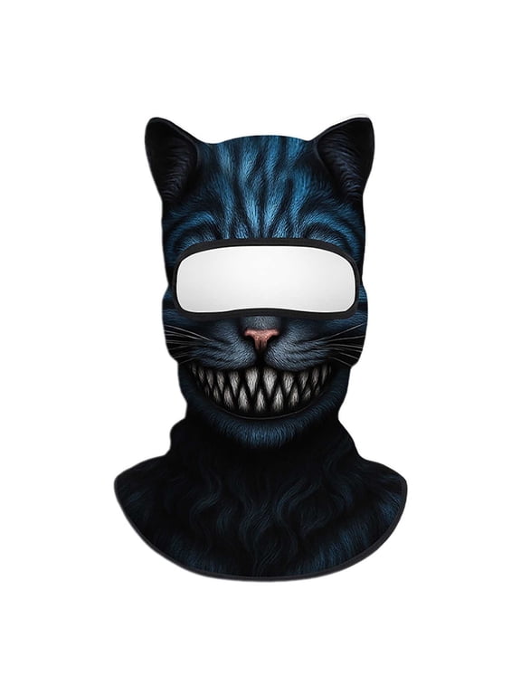 Cheshire Cat Grin Ski Balaclava, Black Blue 3D Ear Windproof Full Face Mask with Sharp Teeth for Winter Snowboarding, Halloween and Motorcycle