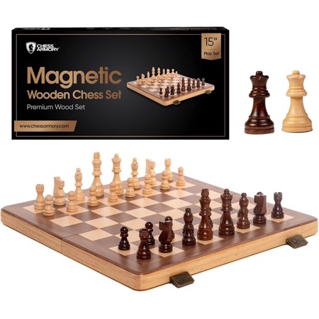 Chess Armory Chess Set 15 Inch Magnetic Wooden Chess Board Game for Adults and Kids with Extra Queen Pieces & Storage Box