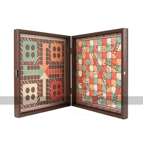 Chess, Backgammon, Ludo, Snakes and Ladders Wooden Games Compendium (Brown)