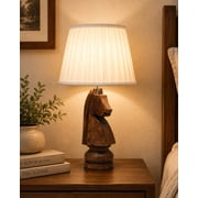 Chess Bedside Table Desk Lamp Rustic Wood Base Fabric Shade for D cor, Accent Light, Gameroom, Kids, Living Room, Bedroom, Knight, Ribbed Beige