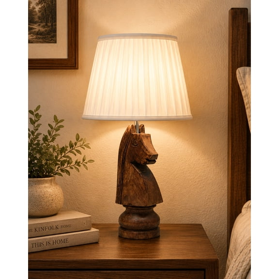 Chess Bedside Table Desk Lamp Rustic Wood Base Fabric Shade for Dcor, Accent Light, Gameroom, Kids', Living Room, Bedroom, Knight, Ribbed Beige