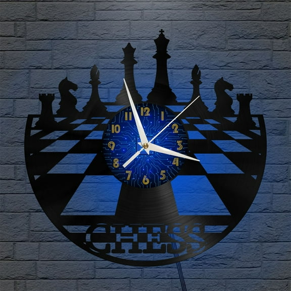 Chess Board 12 Inch Vinyl Record Wall Clock - Silent, Creative, and Unique Clock for Living Room, Entryway, or Bedroom Decor - Perfect Gift Idea(12 inchs B with LED)