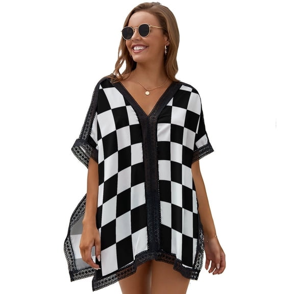 Chess Board Black Women's Swimsuit Coverup Summer Beach Cover Up Bathing Suit Dress