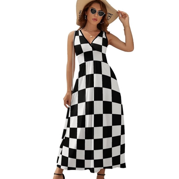 Chess Board Black Womens Night Club Maxi Dress V Neck Sleeveless Bohemia Long Dresses