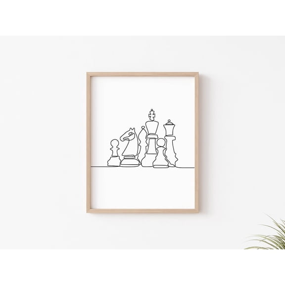 Chess Board Game One Line Wall Art Print, Unframed Paper Poster 8x10in