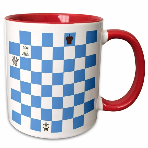 3drose, Chess Board in Blue and White with Three Major White Pieces and the Black King in Checkmate, 11oz Two-tone Red Mug