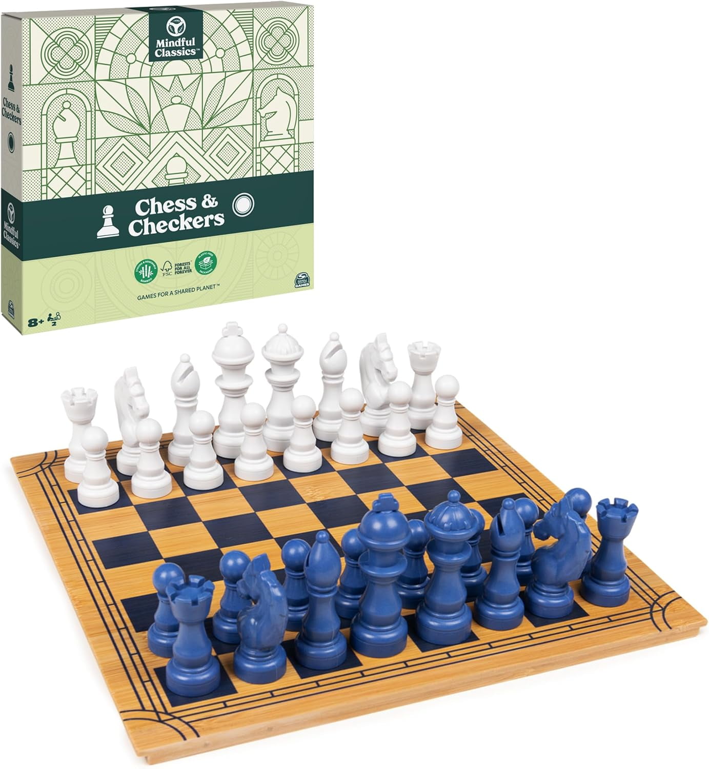 Chess Checkers Board Game Set with Bamboo Wooden Box Family Board