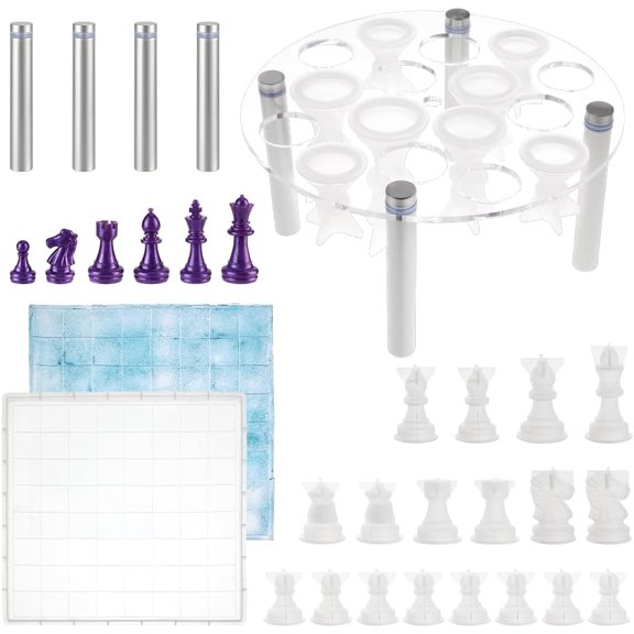 Chess DIY Kit with 1 Round Chess Piece Holder 1 Chess Board Mold and 16 Silicone Chess Piece Molds for Family Party Board Games and Home Decoration