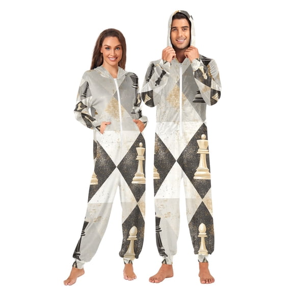Chess Diamond Adult Onesie Pajamas Slim Fit Christmas One Piece Suit Pjs for Women and Men Hooded Zipper